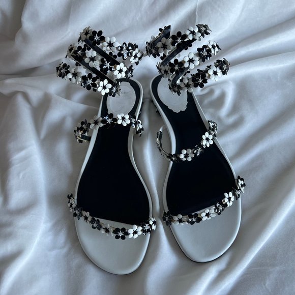 Rene Caovilla White Black Floral Strappy Flat Sandal Size EU38.5 US8.5 - Picture 4 of 16
